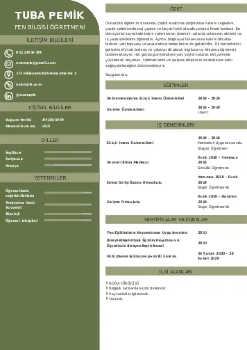 Fen Bilgisi Öğretmeni CV Örnekleri cv indir